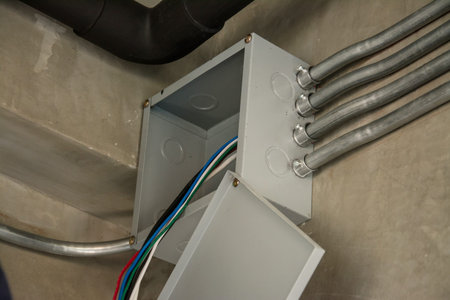 electrical junction box with galvanized conduit pipe connectionの写真素材