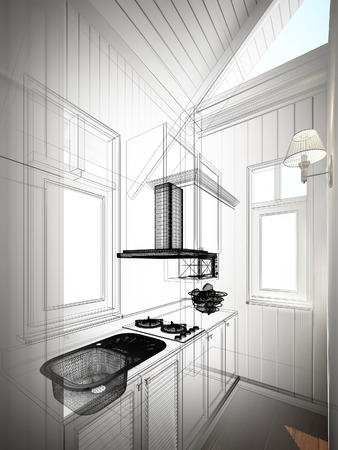 abstract sketch design of interior kitchen ,3d renderingの写真素材