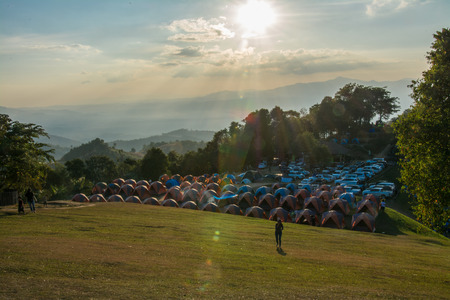 Nan , Thailand-December 14, 2017 :Camping Tents on  Doi Samer Dao Mountain at twilight, Nan Province, Thailand.のeditorial素材
