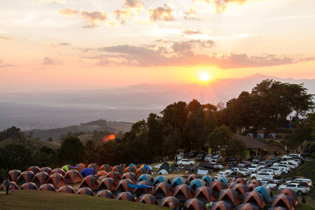 Nan , Thailand-December 14, 2017 :Camping Tents on  Doi Samer Dao Mountain at twilight, Nan Province, Thailand.のeditorial素材