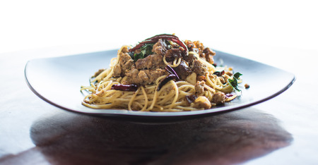 Stir-Fried Spaghetti with Sai Aua (Notrhern Thai Spicy Sausage)の写真素材