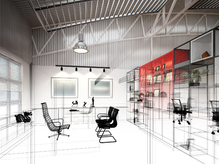 sketch design of interior working room,3d renderingの写真素材