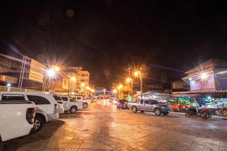 Uthai Thani, Thailand - December 30, 2018:  Old building and waiking street in Uthai Thani, Thailand at nightのeditorial素材