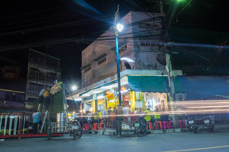 Uthai Thani, Thailand - December 30, 2018:  Old building and waiking street in Uthai Thani, Thailand at nightのeditorial素材