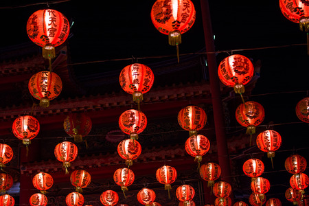 Chinese new year lanterns in chinatown,Thailandの写真素材