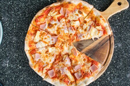 Pizza Carbonare with pineapple, beconの写真素材