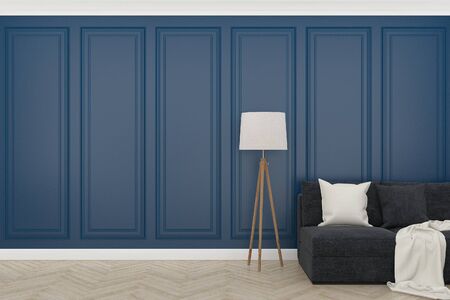 blue wall with wood floor and concrete fiddle,3d renderの写真素材