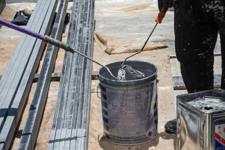 painting metal steel beam on siteの写真素材