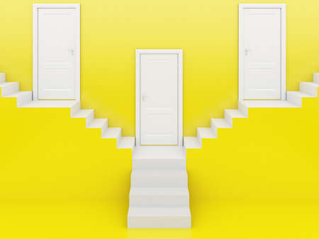 white stairs with white door in yellow background ,3d renderingの写真素材