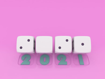 2021 Merry Christmas and Happy New Year ,3d render of  white dice on pink  background