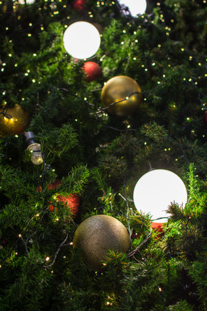 Decorated Christmas tree with colorful ball