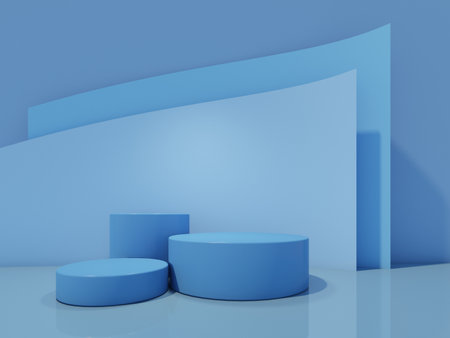Cosmetic bottle podium with on blue background. 3d rendering.の写真素材