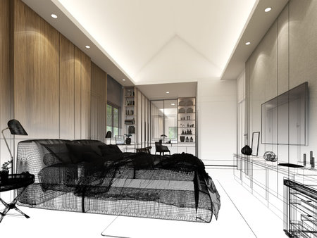 sketch design of interior living room,3d renderingの写真素材