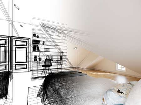 sketch design of interior attic bedroom,3d renderingの写真素材