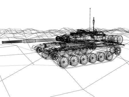 battle tank on sand wire frame ,3d renderingの写真素材