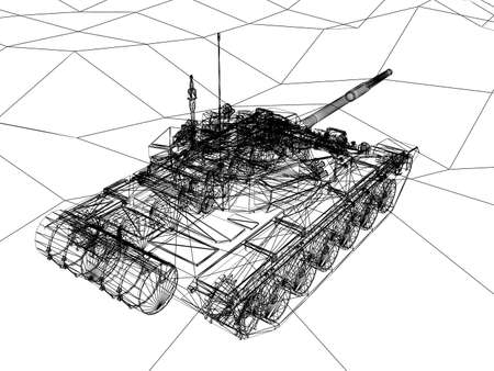battle tank on sand wire frame ,3d renderingの写真素材