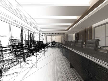 sketch design of interior conference room, 3d rendering wire frameの写真素材