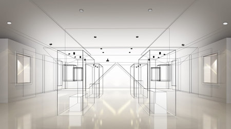 sketch design of interior exhibition room ,museum ,3d rendering
