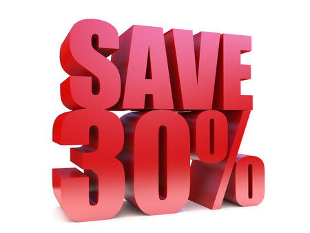 save 30%  3d text symbol. 3d rendering on white background