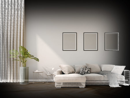 sketch design of luxury living room ,3d wireframe rendering