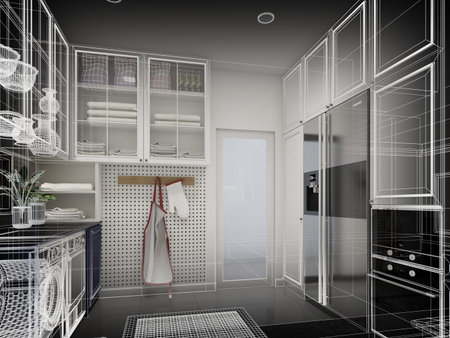 abstract sketch design of kitchen room ,3d rendering