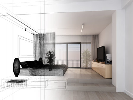 sketch design of interior attic bedroom,3d renderingの写真素材