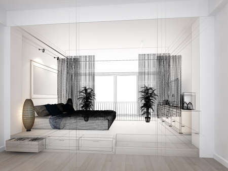 sketch design of interior attic bedroom,3d renderingの写真素材