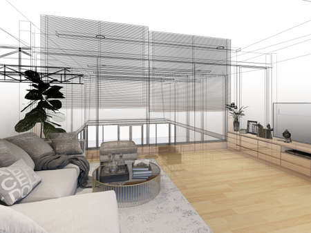 sketch design of interior living, 3d renderingの写真素材