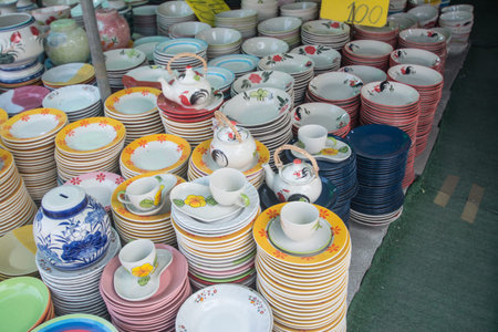 Stacked ceramic bowls & mugs ceramic products for sale of Lampang, Thailandの写真素材