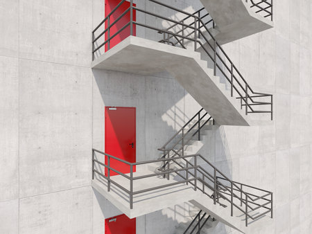 concrete fire escape with red metal door outside of  building. 3D renderingの写真素材