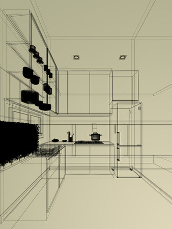 abstract sketch design of kitchen room ,3d renderingの写真素材