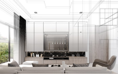 cozy  living room  interior design, 3d rendering