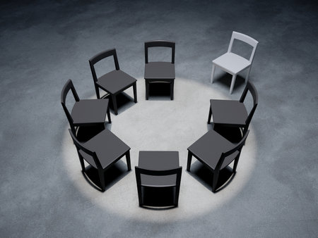 one white chair stand out of other black chairs  in the dark room concrete space , 3d rendering of different conceptの写真素材