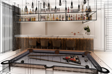 pool table with counter bar in relax room, 3d rendering wire frame