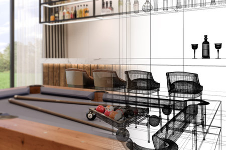 pool table with counter bar in relax room, 3d rendering wire frame
