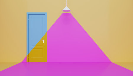 light blue door with yellow wall and white pendant, empty space  backgroundの写真素材