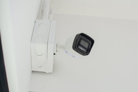 White security camera install on a white wall.