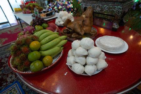 Chinese culture ancestor food offering, Chinese funeral ceremonyの写真素材