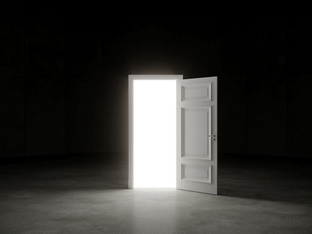 Door open on in the dark room ,3dの写真素材