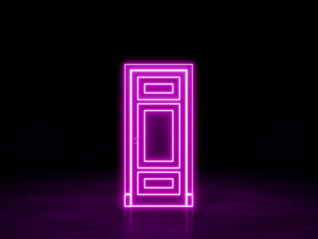 The door in the dark space. Pink violet neon door. 3D renderingの写真素材
