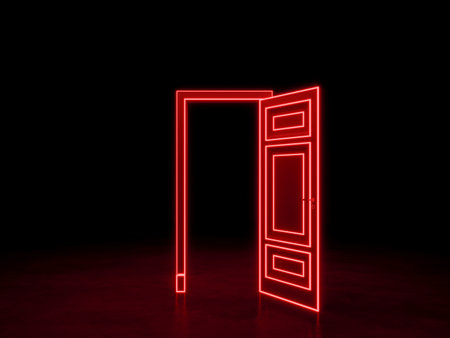 Open door in the dark space. Red neon door. 3D renderingの写真素材