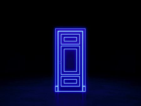 The door in the dark space. Blue neon door. 3D renderingの写真素材