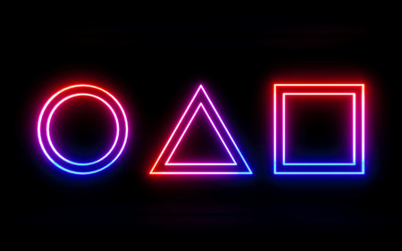 Neon glowing colorful  signs circle, square, triangle. Popular game symbols background.の写真素材