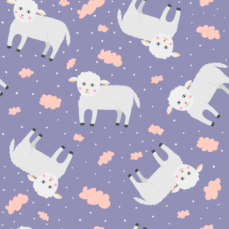 Cute cartoon sheep with pink clouds. Seamless patternのイラスト素材
