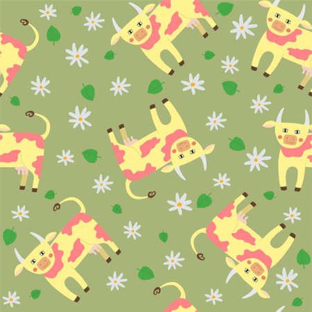 Cute cartoon cow with flowers and leaves. Seamless patternのイラスト素材