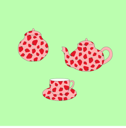 Teatime elements collection.Teapot, sugar bowl, cup and plate with strawberriesのイラスト素材
