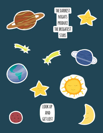 Colorful cartoon space stickers set. Cosmic vector illustration in flat style.のイラスト素材