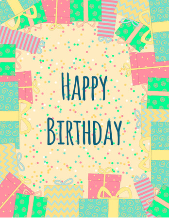 Happy Birthday greeting card. Colorful illustration with presents.のイラスト素材