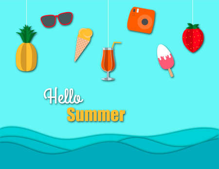 Hello summer composition with origami hanging on blue background. Paper art and craft style.の写真素材