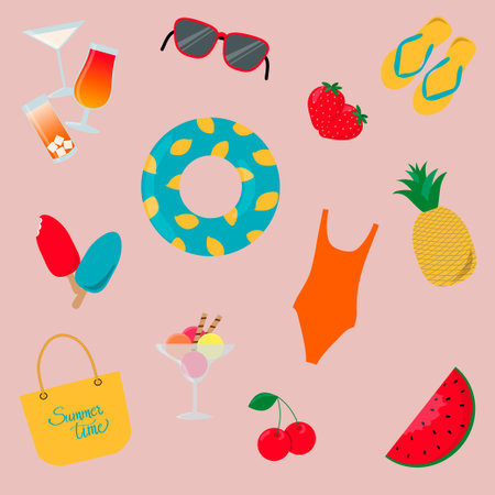Summer set with fruits, drinks, ice cream, life ring, swimsuit and accessories. Isolated objects on pink background.のイラスト素材